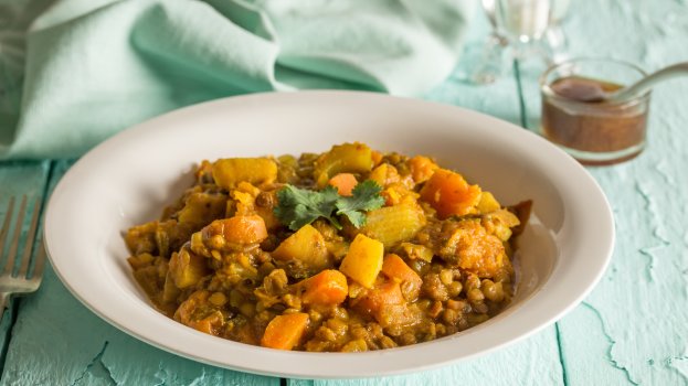 Curry de lentilha e frango