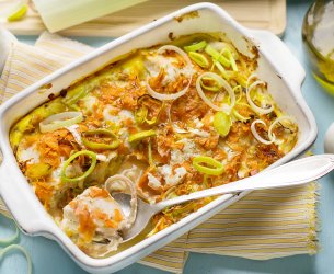 Bacalhau à Moda Lú - Gratinado com Batatas e Alho Poró